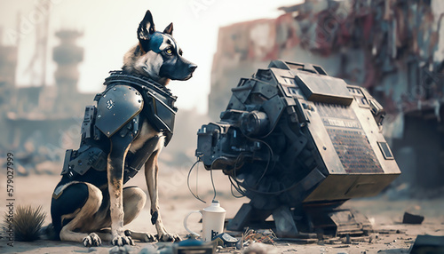 futuristic dog of police with high technology working in building ruins, Generative AI