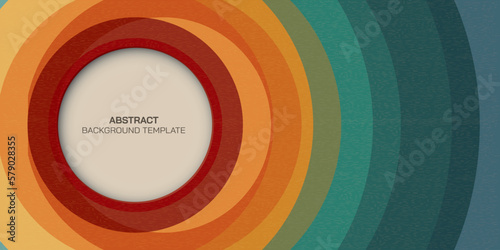 Retro groovy background with circle frame paper cut style at left area. Abstract colourful circle shapes design.
