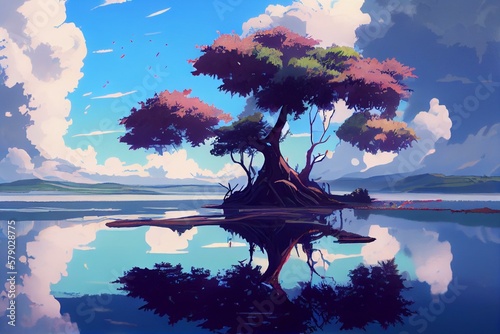 trees, clouds, lake, anime style AI Generated © forenna