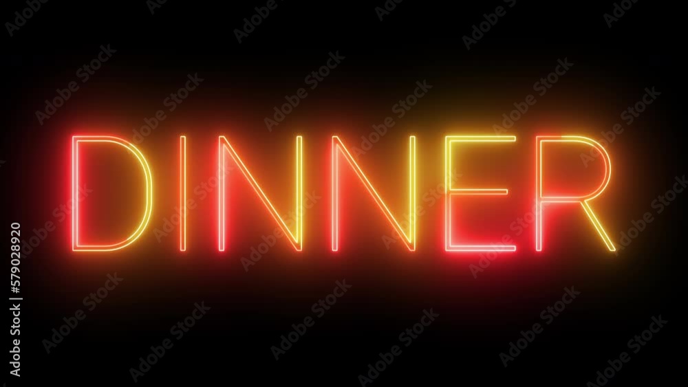 Yellow red glowing neon dinner sign on black background