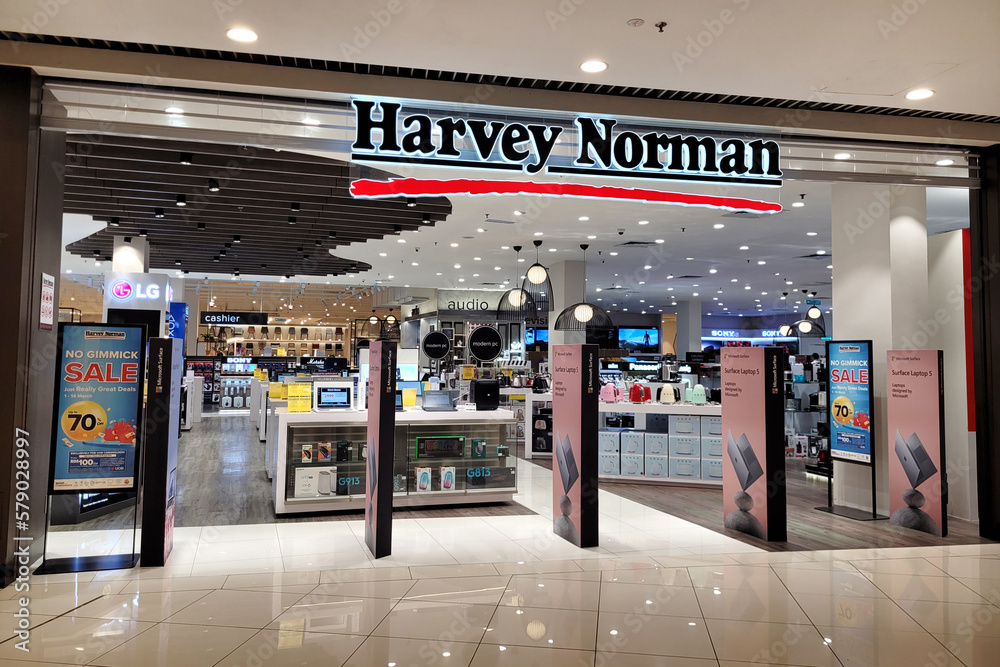 PENANG, MALAYSIA 7 MAR 2023 Store front view of Harvey Norman store