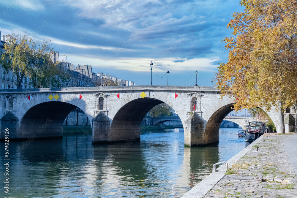 Naklejka premium Paris, ile Saint-Louis, the pont Marie on the Seine, with a houseboat