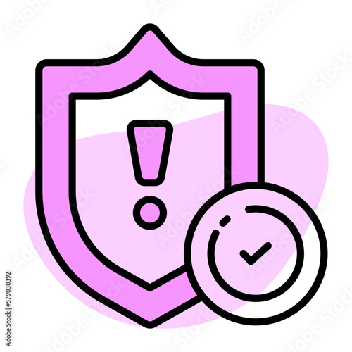Exclamation mark on shield with tick mark showing vector of verified security
