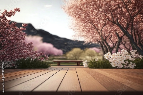 Background. Wooden surface against the backdrop of a sakura garden and a bench. AI generative.