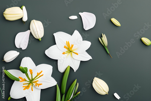 White Lilies Flat Lay Grey Background created with Generative AI Technology