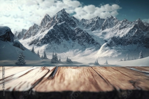 Background. Wooden surface against the backdrop of winter mountains. AI generative. © Iaroslav