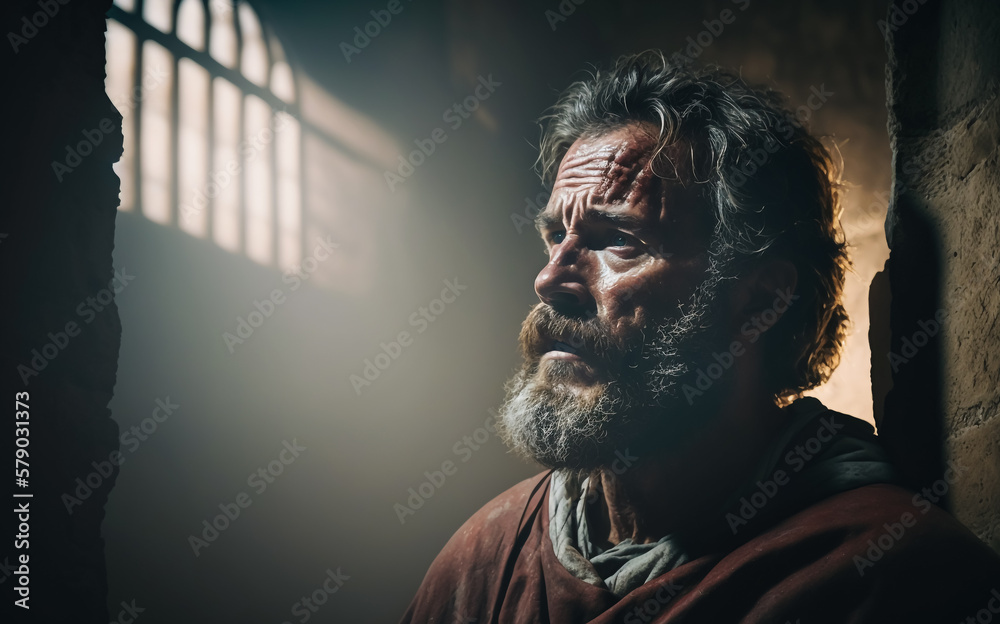 Abstract art. Colorful painting art portrait of Paul the Apostle in prison. Christian illustration. Generative AI. - obrazy, fototapety, plakaty 