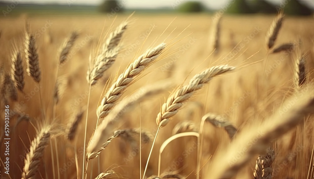 Obraz premium Close up of rye ears on field in a summer day. Generative AI illustration.