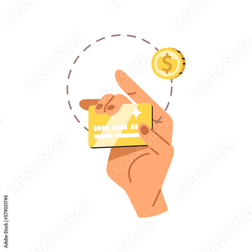 Bank credit card and cash, coin. Money cashback, financial bonus concept. Hand holds electronic finance, getting reward, financial return, refund. Flat vector illustration isolated on white background