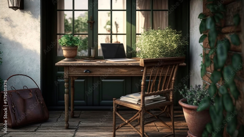 Fototapeta premium A home office with a garden indoors with a laptop on a rustic table, surrounded by greenery, fresh air, generative ai