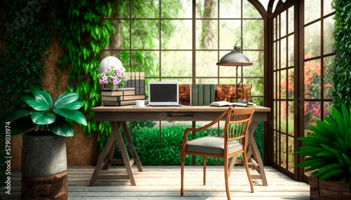 A home office with a garden indoors with a laptop on a rustic table, surrounded by greenery, fresh air, generative ai