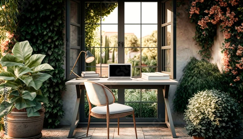 A home office with a garden indoors with a laptop on a rustic table, surrounded by greenery, fresh air, generative ai
