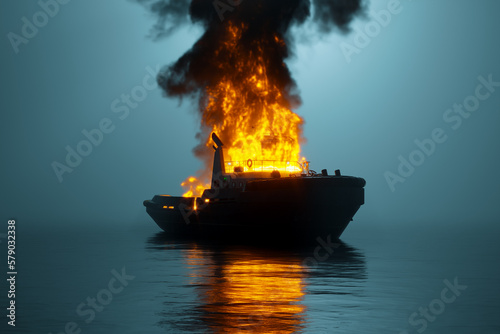 Obraz na płótnie Tugboat on Fire in Foggy Maritime Catastrophe, Flames and Smoke. 3D Rendering w salonie