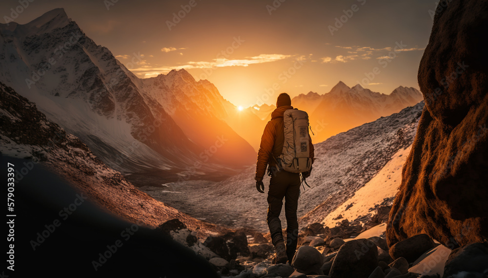 Hiker in the mountains at sunset, Hiking in the Himalayas, Generative AI