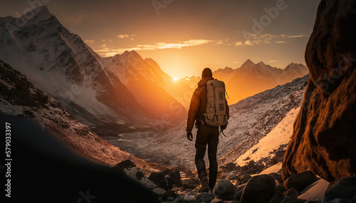Hiker in the mountains at sunset, Hiking in the Himalayas, Generative AI © AIExplosion
