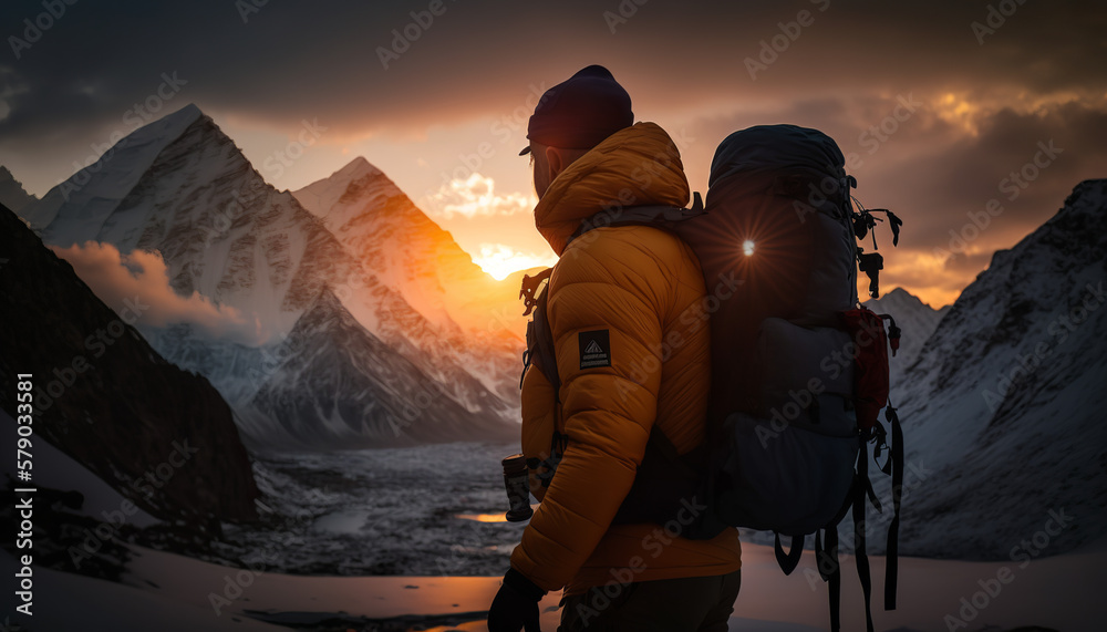 Hiker in the mountains at sunset, Hiking on Mount Everest, Generative AI