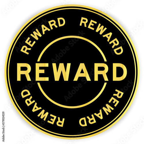 Black and gold color round label sticker with word reward on white background