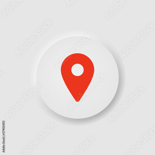 Location  red map pin button in neumorphism style. Icons for business, UI, UX. Geoposition symbol. Gps, destination, travel. Neomorphic style. Vector illustration. photo