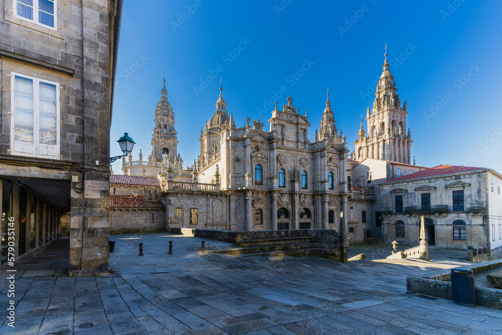 View of the cathedral of Santiago de Compostela in the province of A Coruna, in Galicia, Spain.