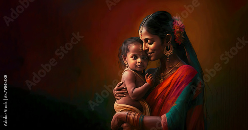Happy Indian mother holding her child in arms. AI illustration