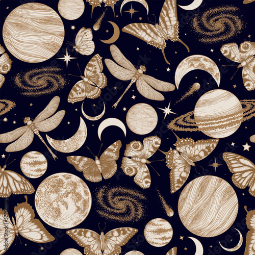 Seamless vector pattern of butterflies, dragonfly, moon, planets, comets, galaxies, stars