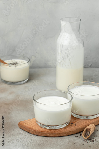 lactose yogurt. Probiotic cold fermented dairy drink. vertical image. top view. place for text