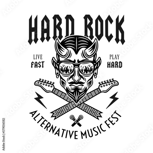 Hard rock vector emblem, label, badge or logo with devil in sunglasses that reflect flame and crossed broken guitar necks. Monochrome illustration in vintage style isolated on white background