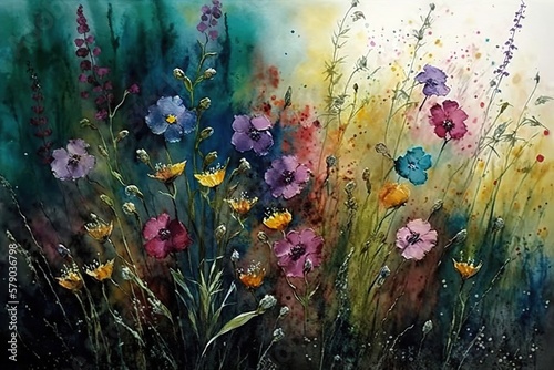 Wild flower grass in watercolor art, generative ai