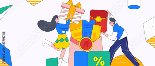 Festive Shopping E-Commerce Online Shopping People Flat Vector Concept Operation Hand Drawn Illustration
