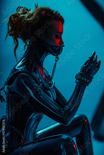 Young woman in latex clothing bdsm style dark portrait photo