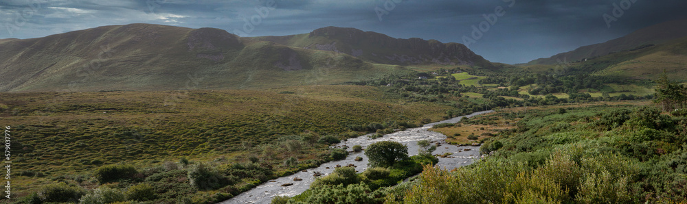 ireland, ring of Kerry, westcoast, mystical landscapes, valley, clouds, river, panorama, 