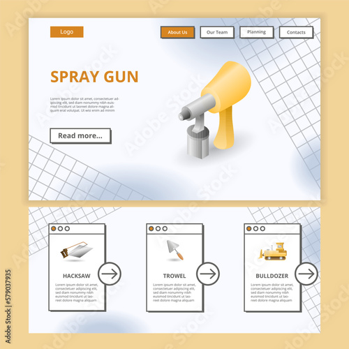 Spray gun flat landing page website template. Hacksaw, trowel, bulldozer. Web banner with header, content and footer. Vector illustration.