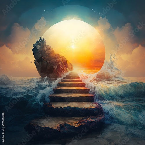 Steps to the sun, rocks, middle of the sea sunset rocks stone straight up water cloudy sky waves waterfall then it disappears cold walk on strairs Generative AI 