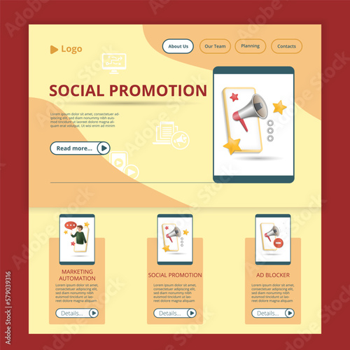 Social promotion flat landing page website template. Story telling, social promotion, ad blocker. Web banner with header, content and footer. Vector illustration.