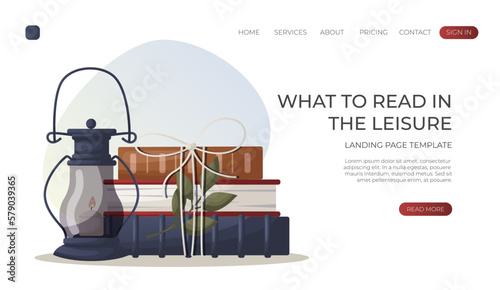 Landing page with reading stack of books, lantern with candle,plant. School books pile. Education book heap.Bookstore, bookshop, library, book lover, bibliophile, education. Vector for banner, website