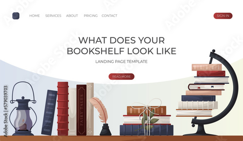 Landing page with reading bookshelve with stack of books with cup of tea, open book, wooden letter tiles. Bookstore, bookshop, library, book lover, bibliophile, education. Vector for banner, website