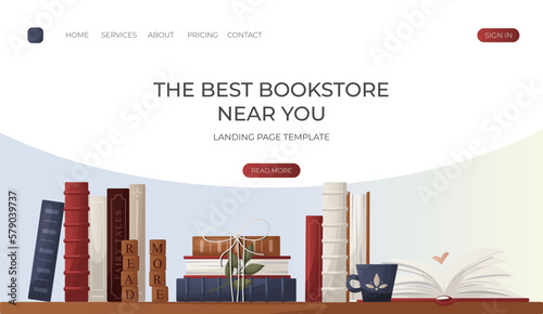 Landing page with reading bookshelve with stack of books with cup of tea, open book, wooden letter tiles. Bookstore, bookshop, library, book lover, bibliophile, education. Vector for banner, website