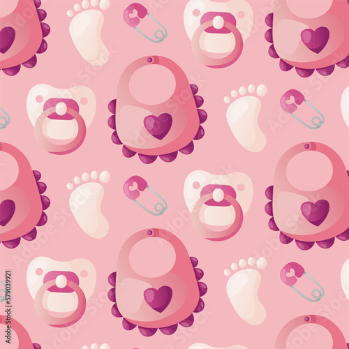 Pattern with cute pink baby’s dummy, bib for feeding, pin. Child  breastplate,clothes, nipple, pacifier. Baby shower invitation. It's a girl. Hello baby celebration, holiday, event. Banner, flyer. 