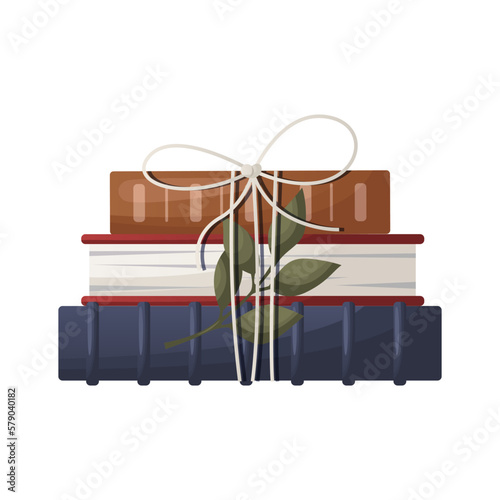 Stack of books with bow. School books pile. Education book heap. Bookstore, bookshop, library, book lover, bibliophile, education. Textbook for reading. Vector illustration for poster, banner, website