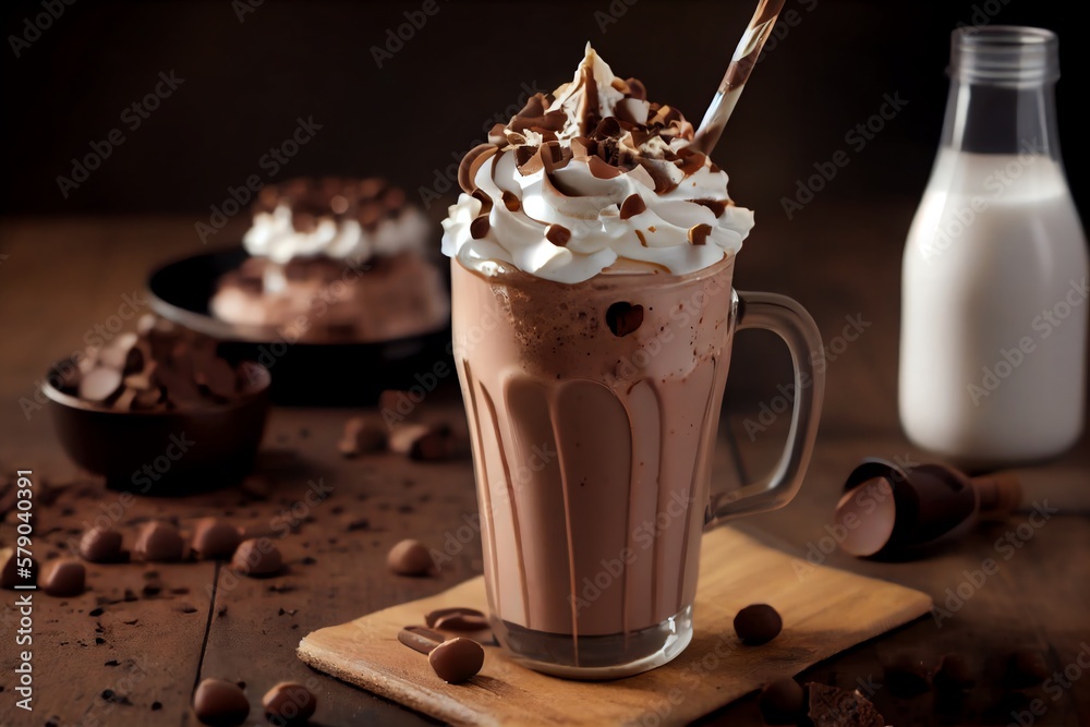 A Cup Of Chocolate Milkshake With Whipped Cream And Chocolate Chips On A Table Next To A Cup Of Coffee With A Straw In It. Generative AI A Cup Of Chocolate Milkshake With Whipped Cream And Chocolate Chips On A Table Next To A Cup Of Coffee With A Straw In It. Generative AI