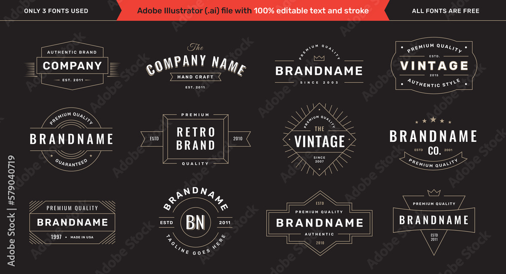 Retro logotype templates set on black background with editable text and stroke. Vintage logos, labels, emblems and badges collection. Vol. 1