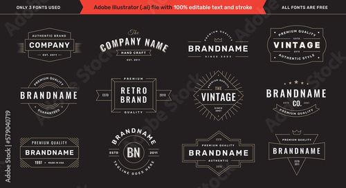 Retro logotype templates set on black background with editable text and stroke. Vintage logos, labels, emblems and badges collection. Vol. 1