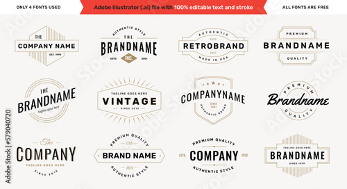 Retro logotype templates set on white background with editable text and stroke. Vintage logos, labels, emblems and badges collection. Vol. 2