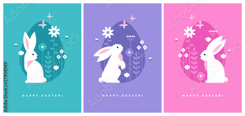 Easter greeting cards set with cute bunny, flowers and egg shape. Flat style vector illustration.