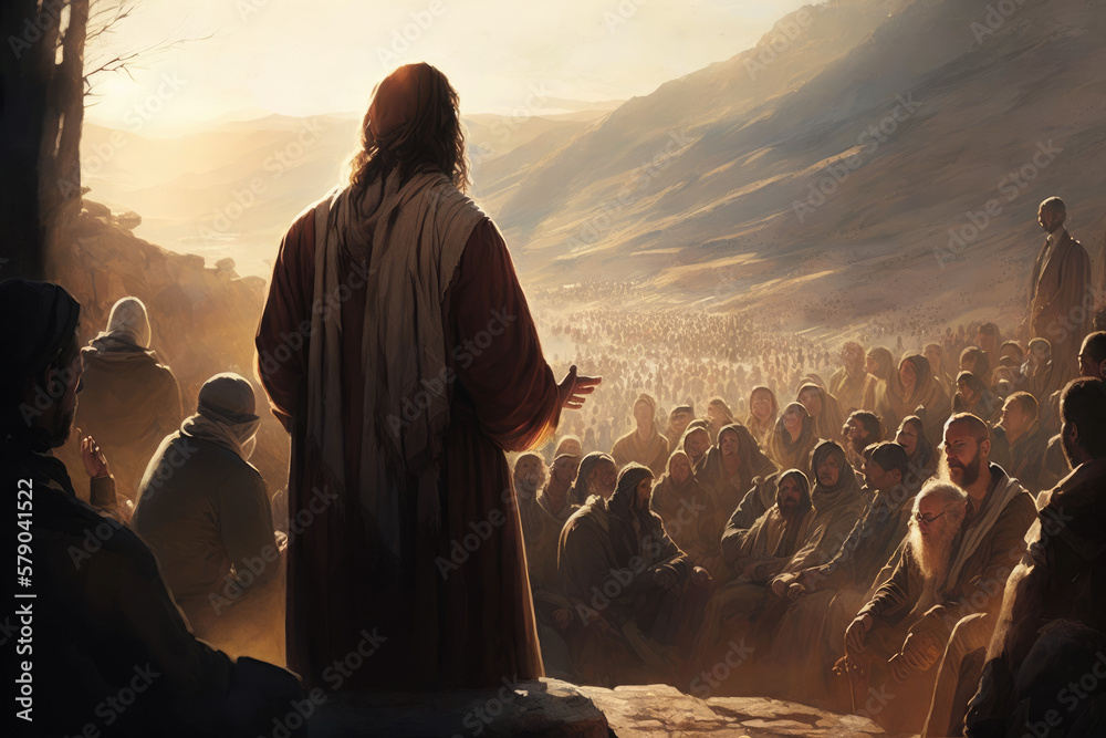 Jesus preaching on the mountain  - obrazy, fototapety, plakaty 