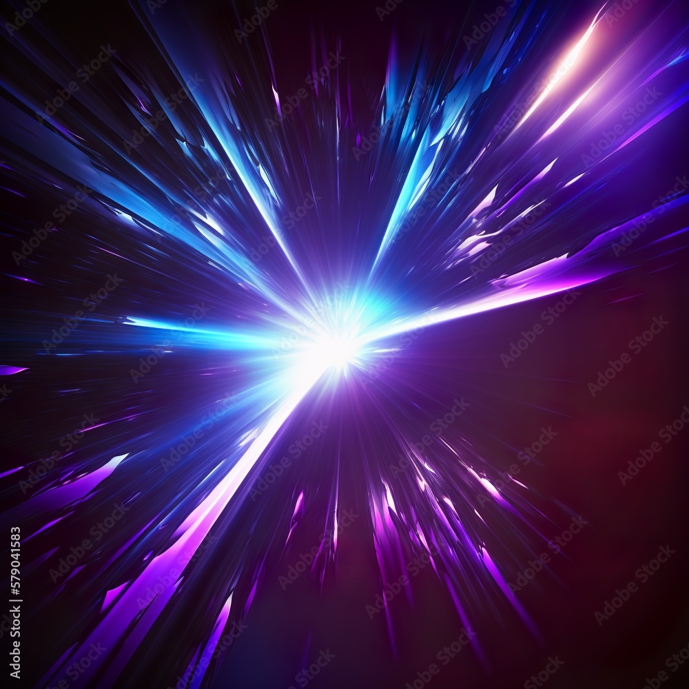 Abstract in blue and purple neon glow colors. Speed of light in galaxy Explosion in universe Cosmic background for event party carnival celebration or other rendering supersonic Generative AI