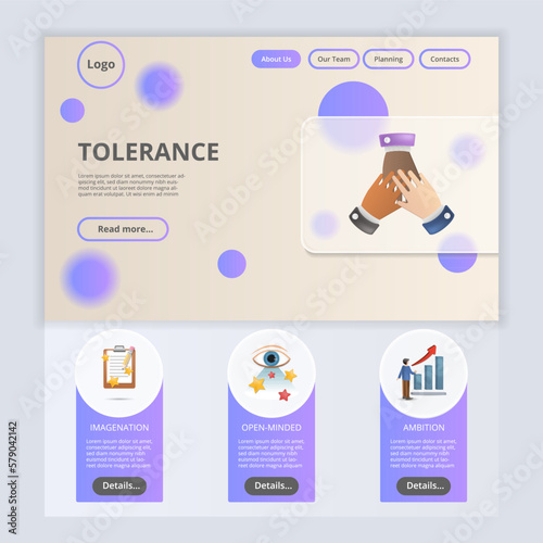 Tolerance flat landing page website template. Imagination, open-minded, ambition. Web banner with header, content and footer. Vector illustration.