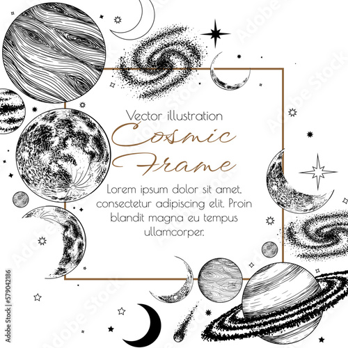 Vector space frame. Moon, planets, comets, stars, galaxies in engraving style