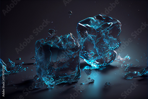  Blue ice cubes with water drops on black background. Space for text