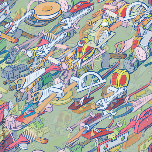 Background pattern abstract design texture. Seamless. Building tools and Repair. Theme is about manufacturing, circular saw, electrician, sawing, sledgehammer, mount, hank, woodworking, paint roller